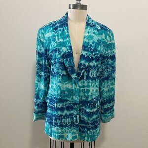 Lafayette 148 Aqua & Navy Blue Tie Dye Print Textured Blazer